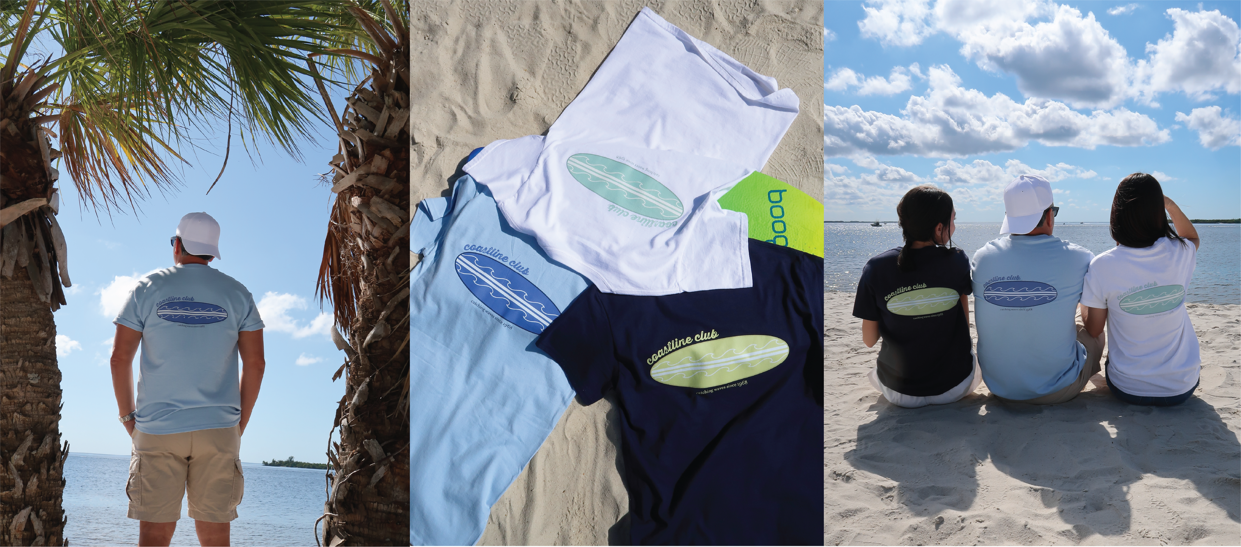 Three shirts with a surfboard design on a sandy beach, followed by a family sitting together on the sand.