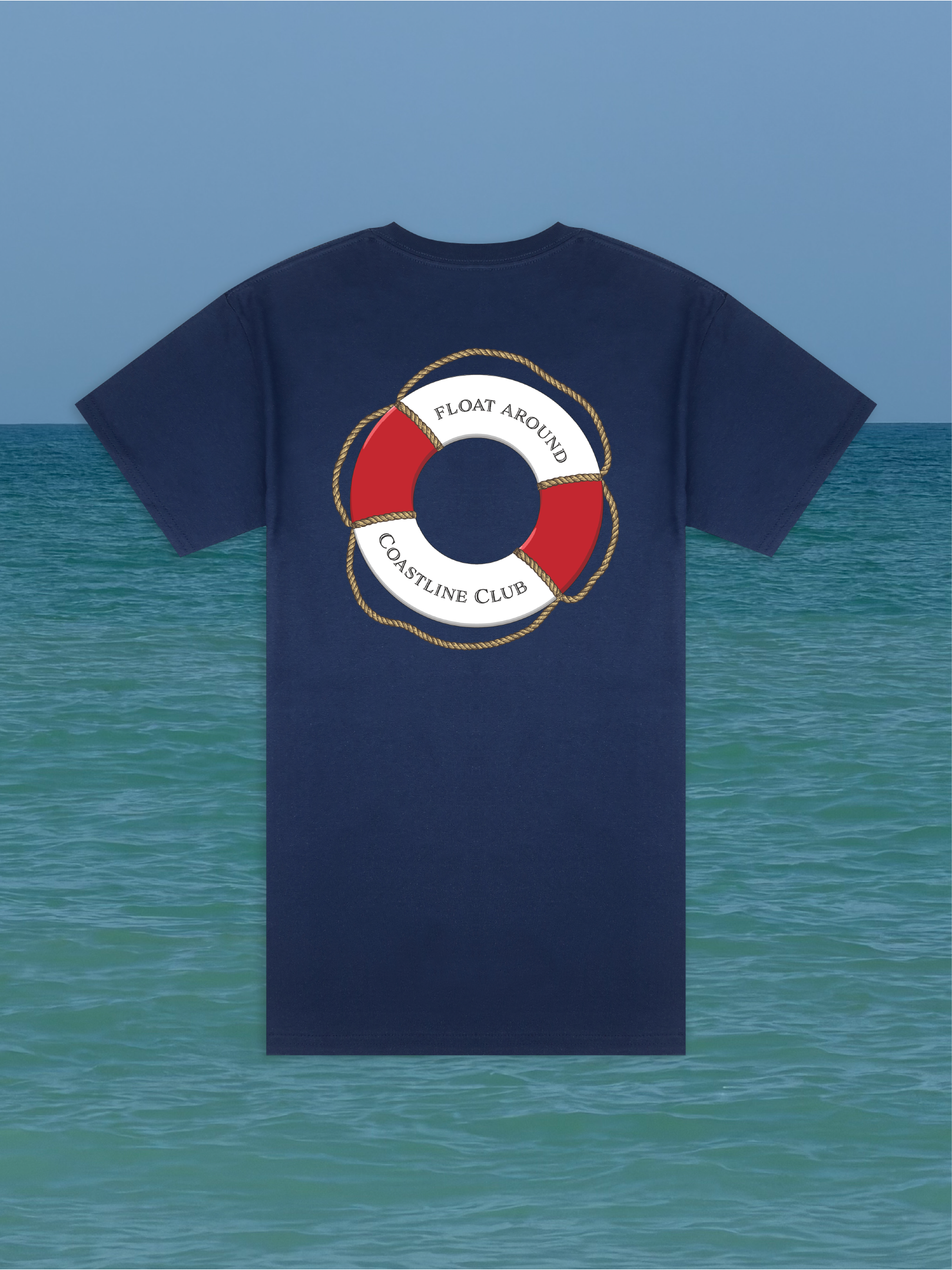Navy t-shirt with graphic of a lifebuoy that says 'float around coastline club' against an ocean background