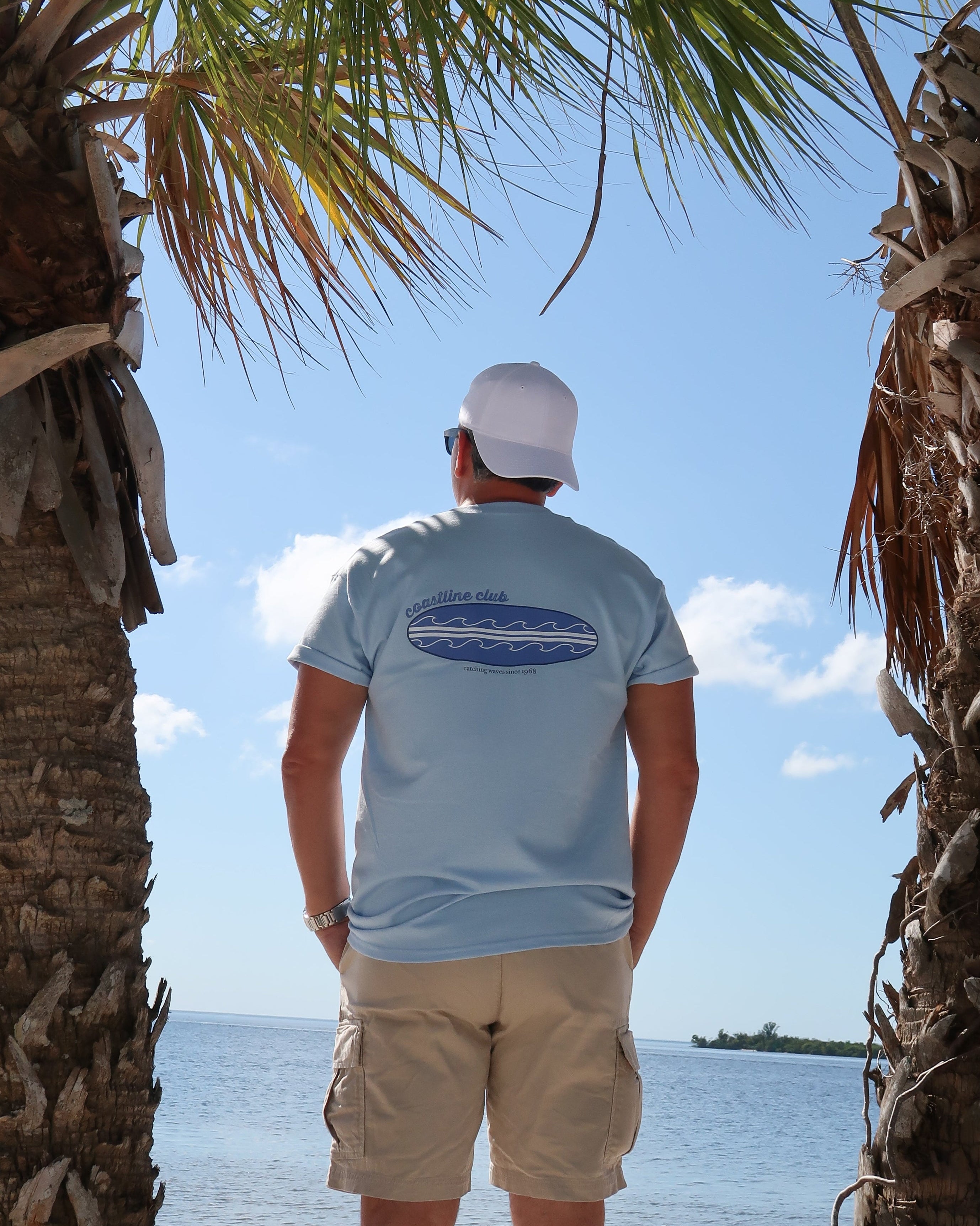 Person standing between palm trees overlooking a body of water