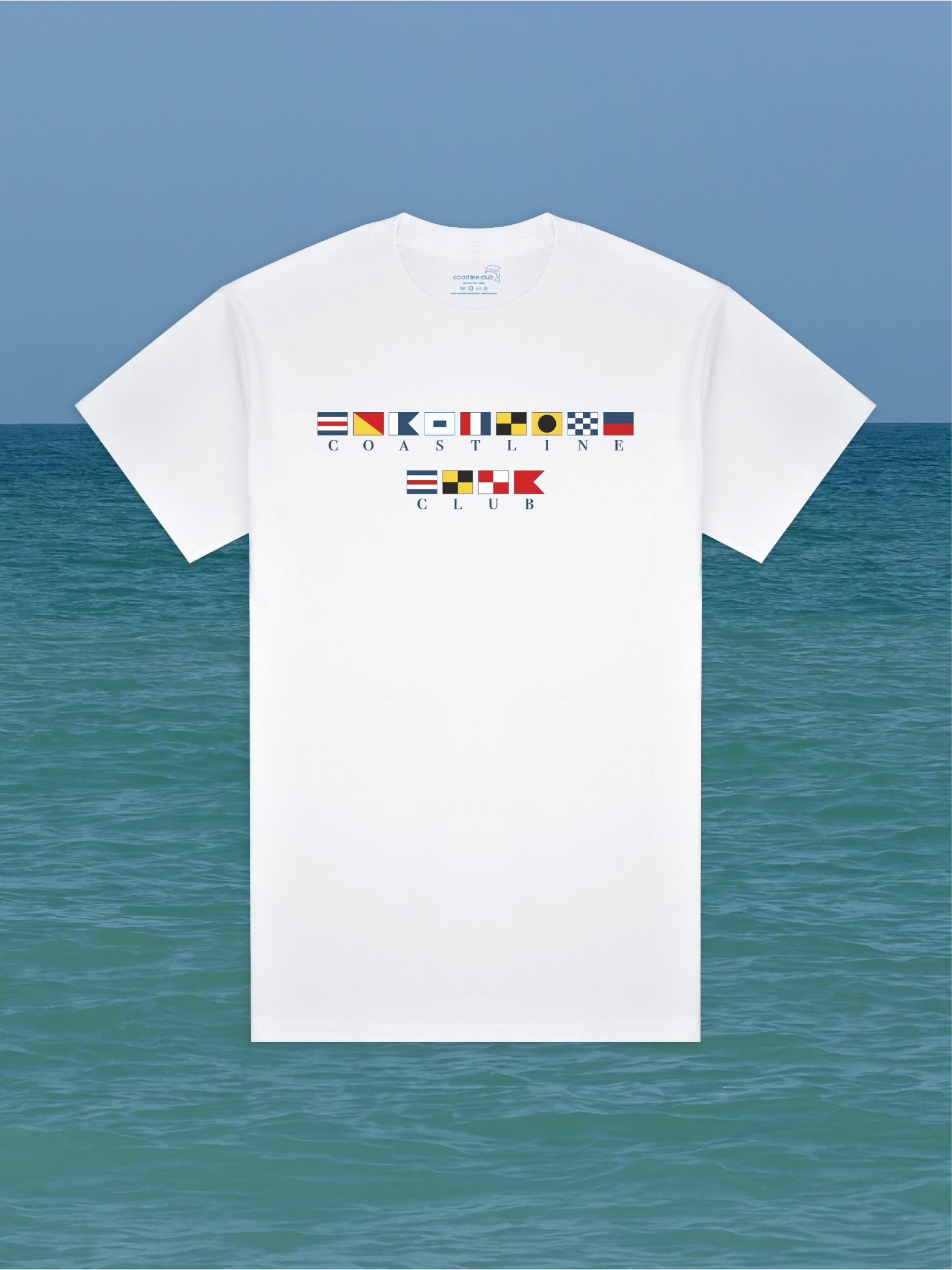 white t-shirt with graphic of maritime flags that spell out 'coastline club' against an ocean background