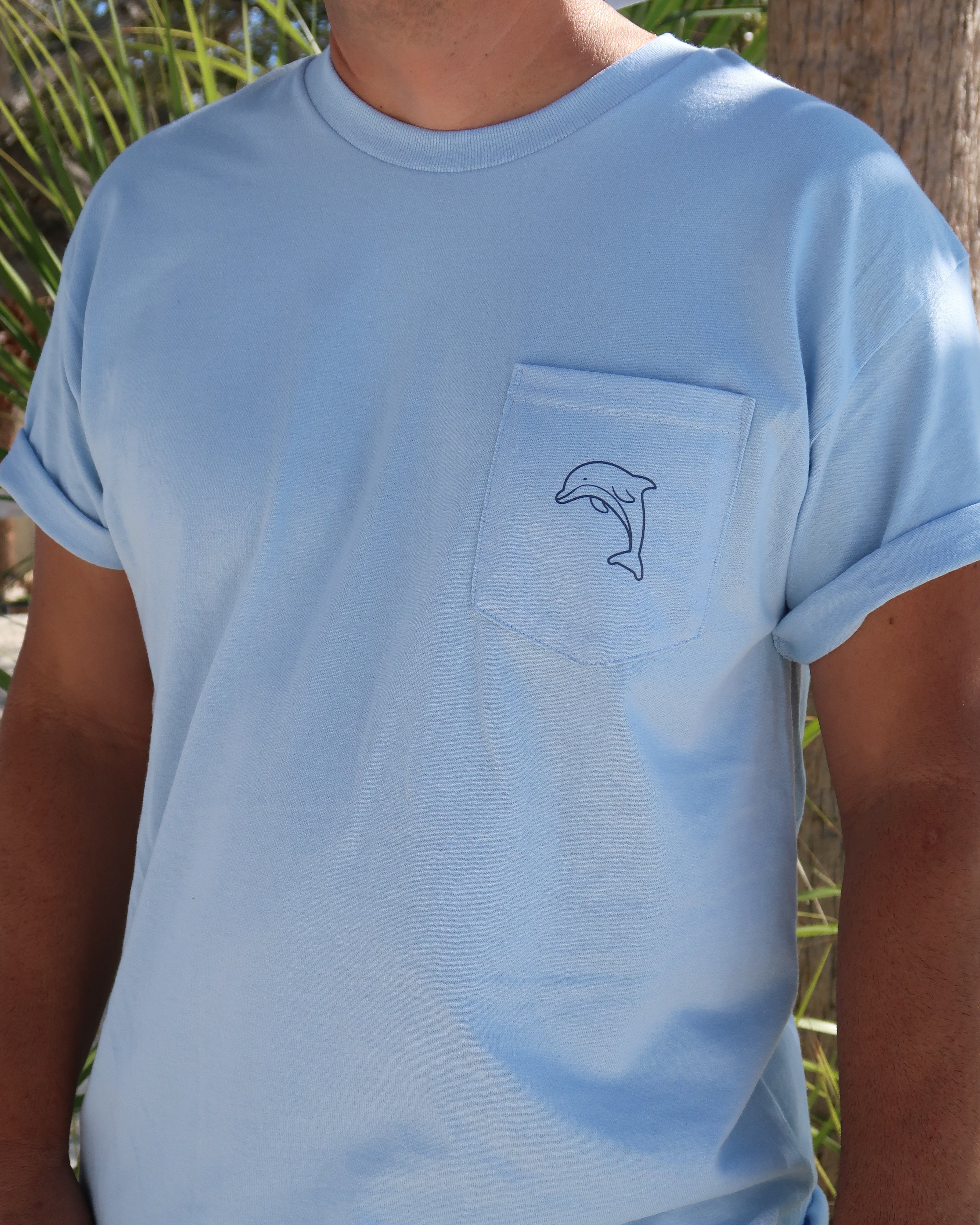 Light blue t-shirt with a dolphin logo on the chest worn by a person outdoors.