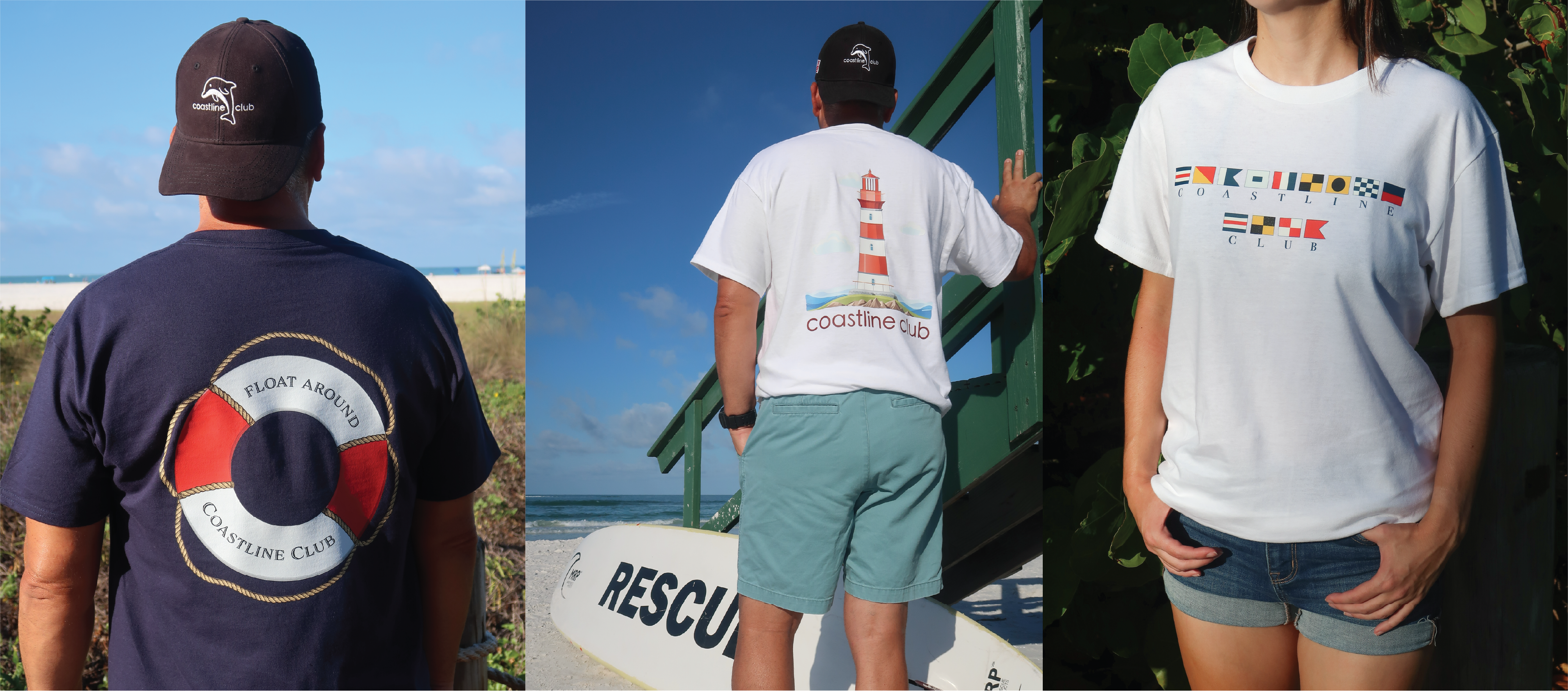 banner of three people wearing coastal graphic t-shirts from the Nautical collection