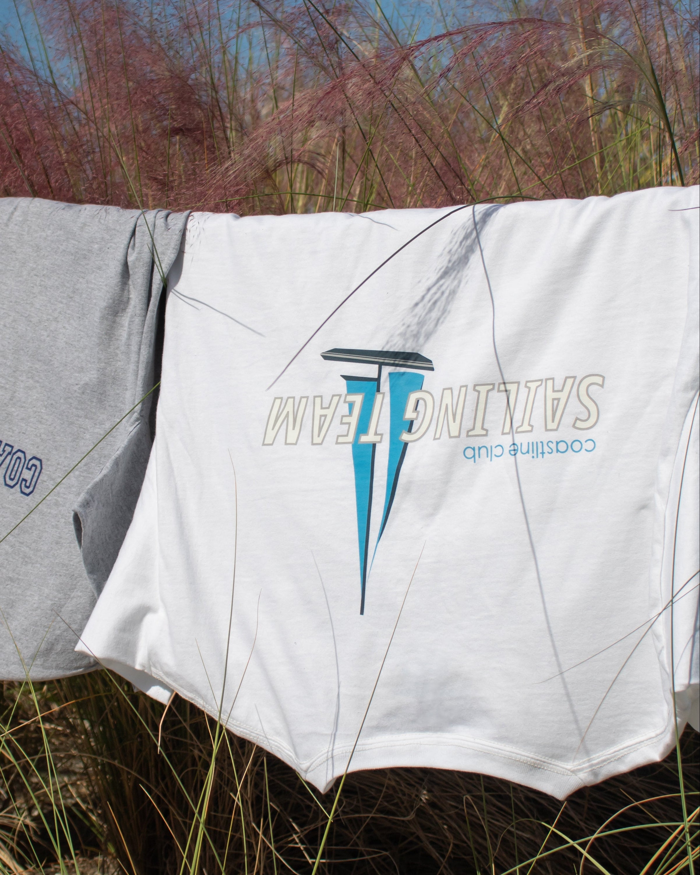 Two t-shirts hanging on a clothesline with grass in the background