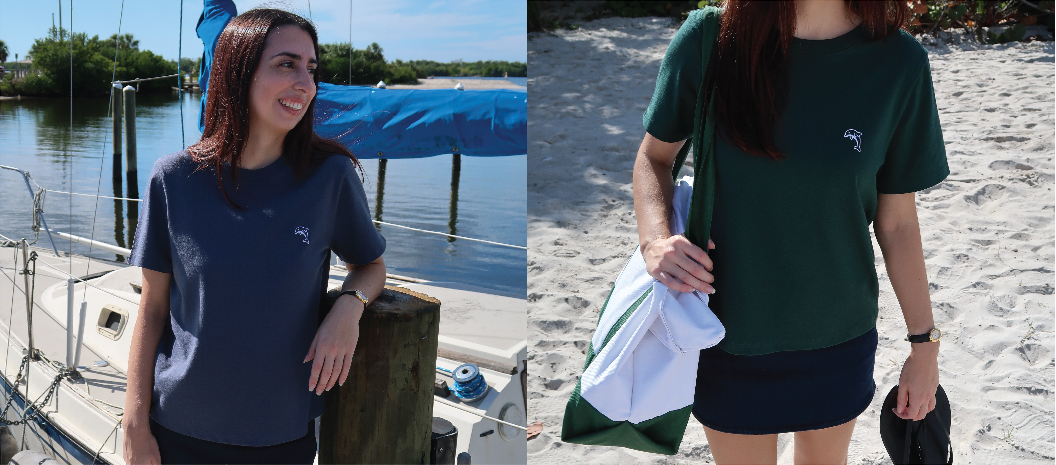 Woman wearing a blue shirt with a dolphin logo on a dock by water, and another woman wearing a green shirt with a dolphin logo on a beach.