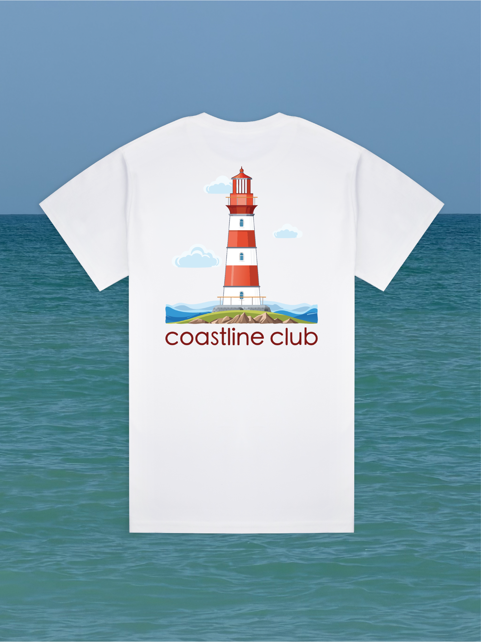 White t-shirt with graphic of a light that says 'coastline club' against an ocean background