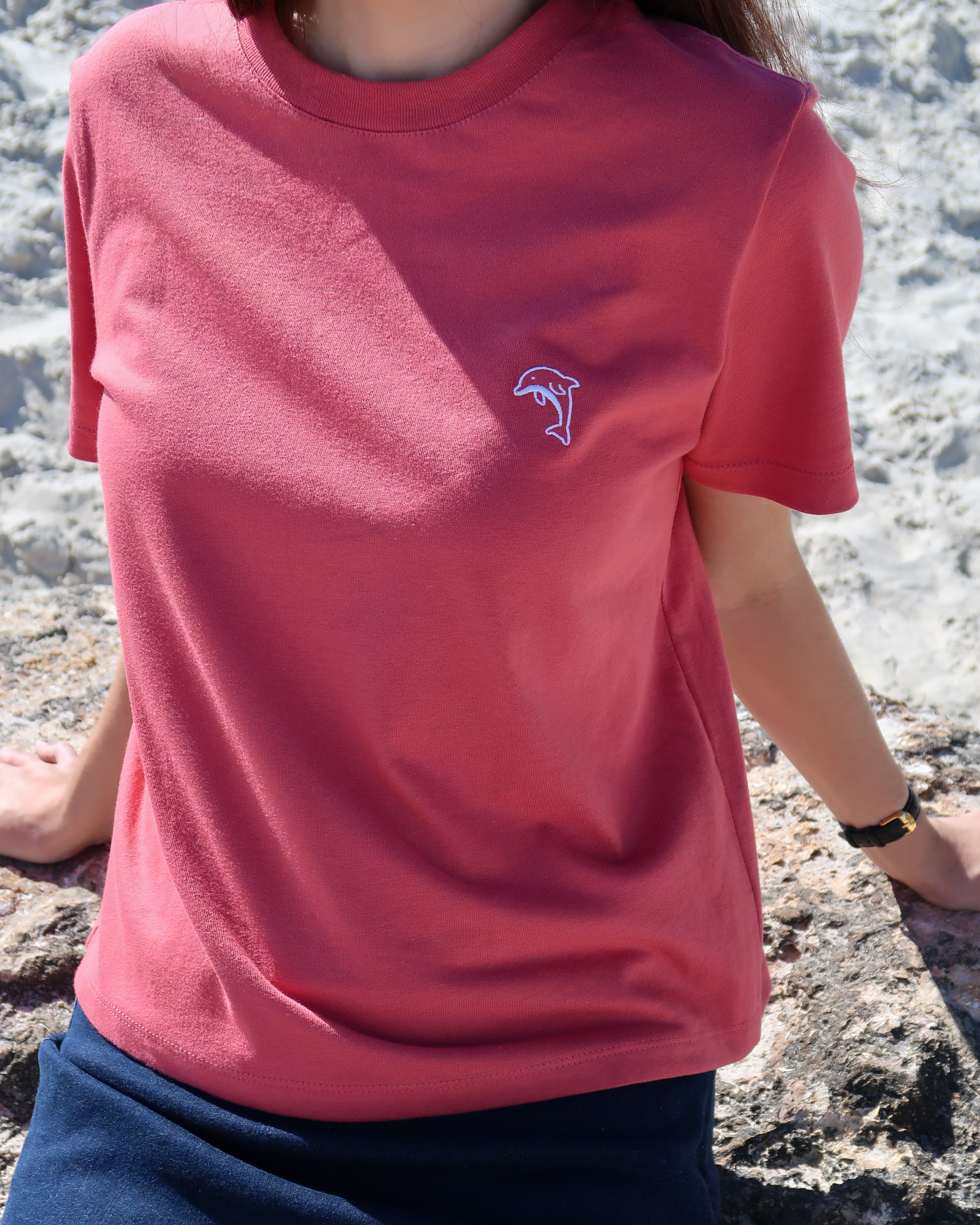 Person wearing a red t-shirt with a dolphin logo on a rocky surface